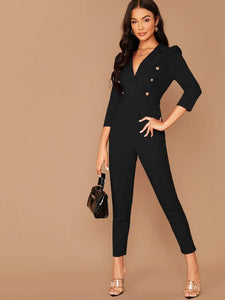 Notched Collar Double Breasted Jumpsuit freeshipping - Kendiee