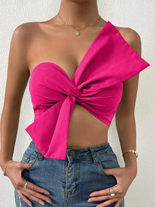 Shirred Back Ruched Bow Front Crop Tube Top