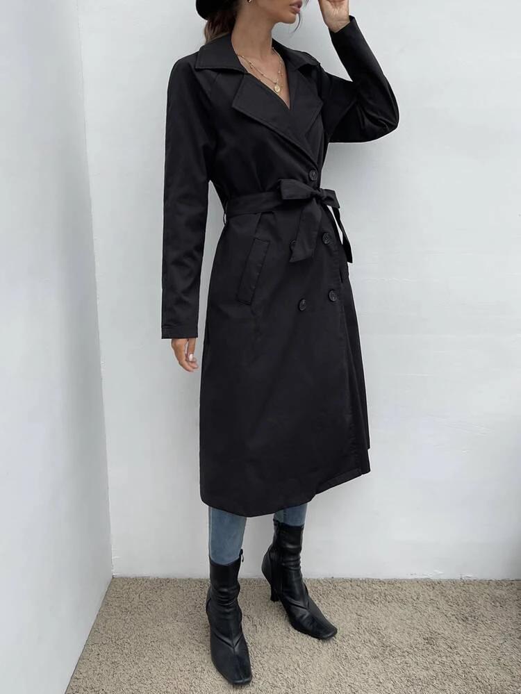 Raglan Sleeve Double Breasted Belted Trench Coat freeshipping - Kendiee