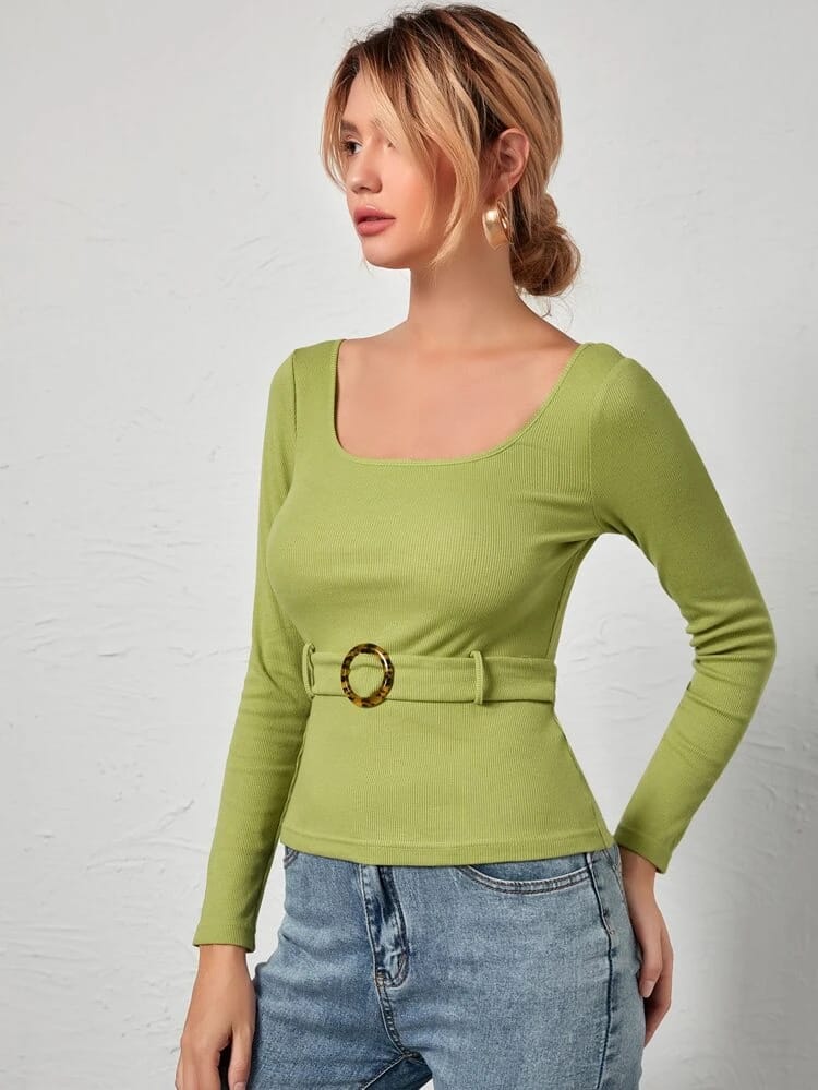 Rib-Knit O-Ring Belted Top freeshipping - Kendiee