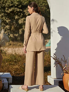 Button Front Belted Blouse & Wide Leg Pants