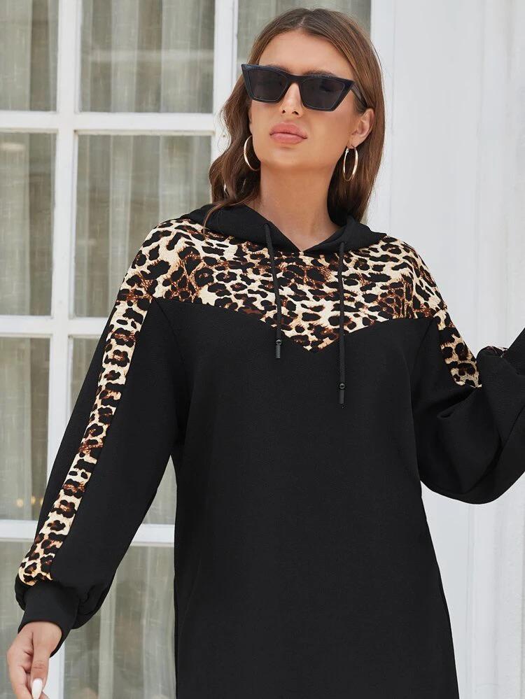 Contrast Leopard Print Hooded Dress