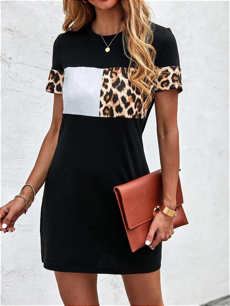 Color-Block Leopard Panel Tee Dress