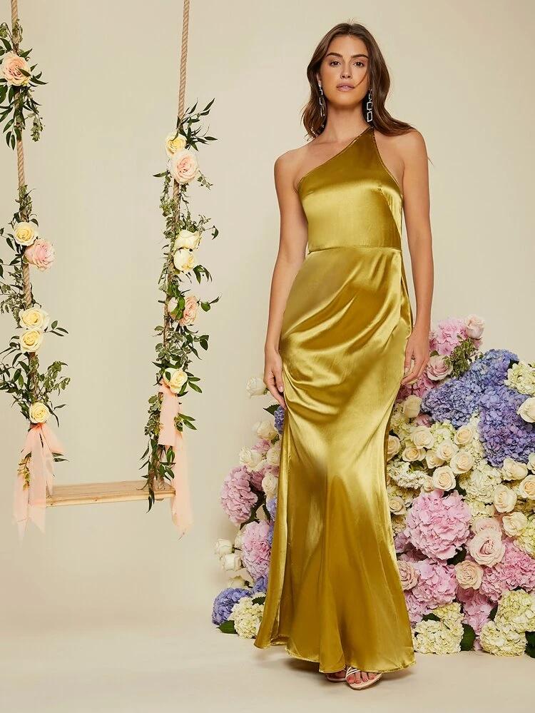 One Shoulder Satin Solid Dress freeshipping - Kendiee