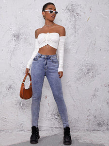 Ruched Drawstring Off-The Shoulder Crop Top freeshipping - Kendiee