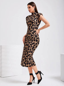 Leopard Print Shoulder Pad Split Back Bodycon Dress Without Belt