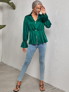 Solid Flounce Sleeve Satin Blouse freeshipping - Kendiee