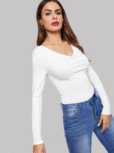 Cowl Neck Fitted Solid Tee freeshipping - Kendiee