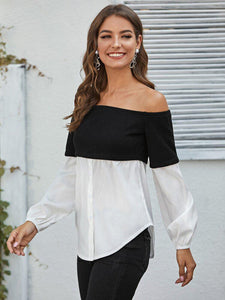 Off Shoulder Mixed Media Button Front Blouse freeshipping - Kendiee