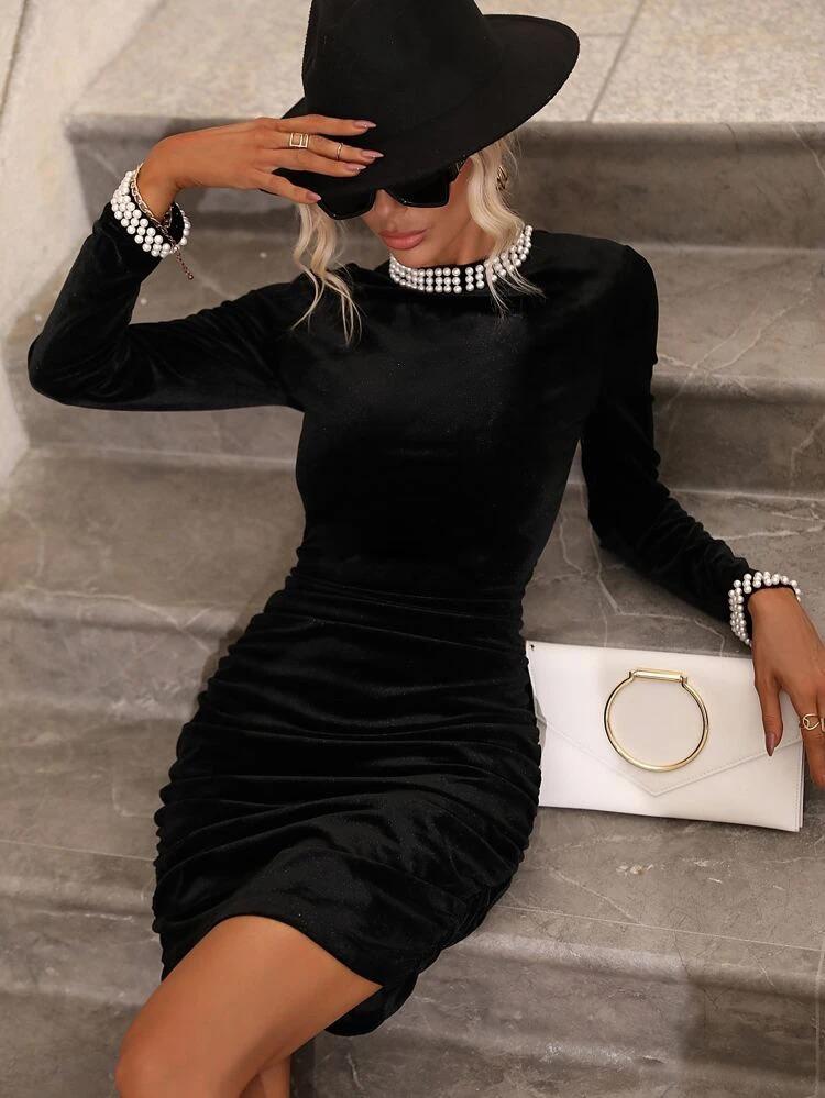 Pearls Beaded Ruched Bodycon Dress
