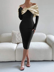 Two Tone Off Shoulder Fold Over Bodycon Dress