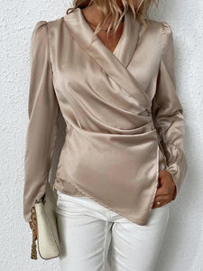 Puff Sleeve Ruched Surplice Front Asymmetrical Hem Satin Blouse