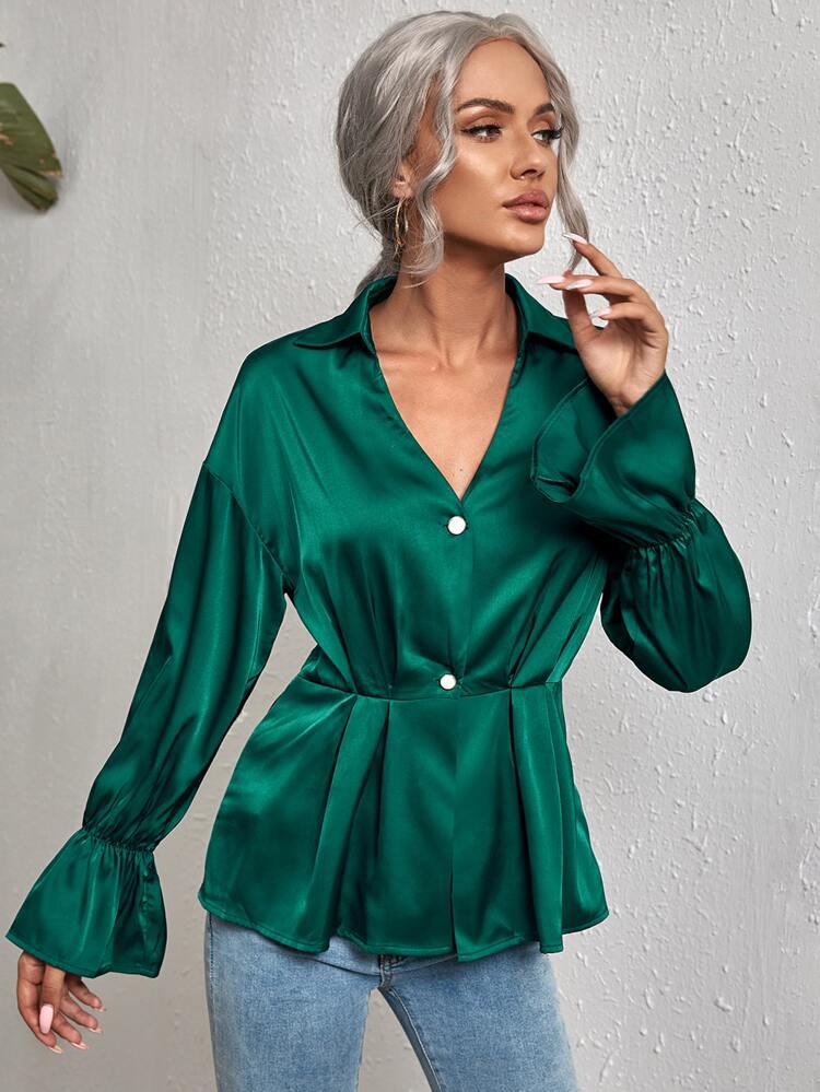 Solid Flounce Sleeve Satin Blouse freeshipping - Kendiee