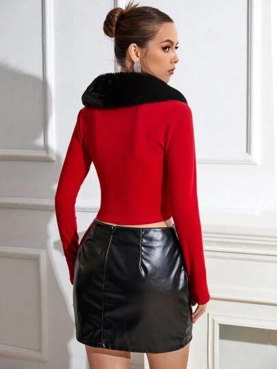 Borg Collar Crop Tee & Split Hem Bodycon Skirt