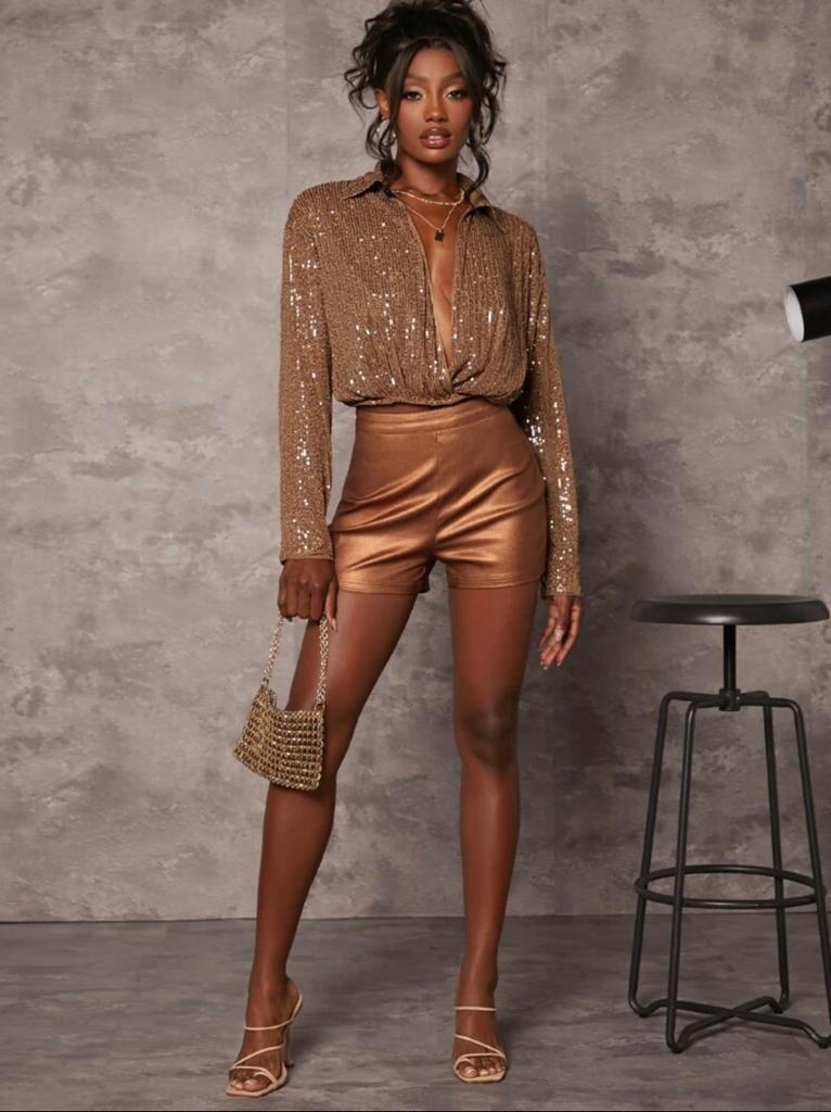Plunging Collar Sequin Wrap Blouse
