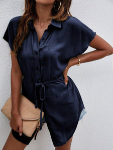 Solid Button Front Belted Longline Blouse freeshipping - Kendiee