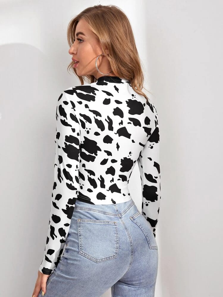 Mock Neck Cut Out  Front Cow Pattern Top freeshipping - Kendiee