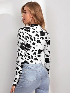 Mock Neck Cut Out  Front Cow Pattern Top freeshipping - Kendiee