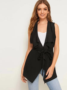 Solid Waterfall Collar Belted Vest freeshipping - Kendiee