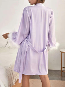 Belted Satin Robe & Fuzzy Trim Cami Dress PJ Set