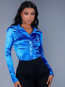 Button Front Ruched Satin Shirt