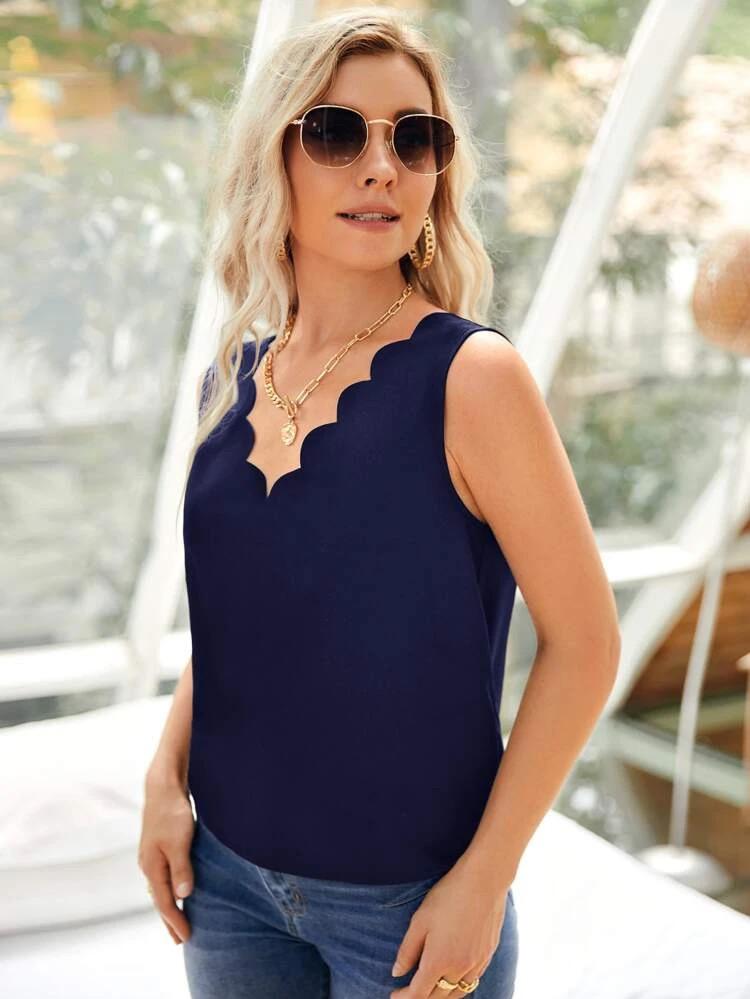 Solid Scallop Trim Sleeveless Top