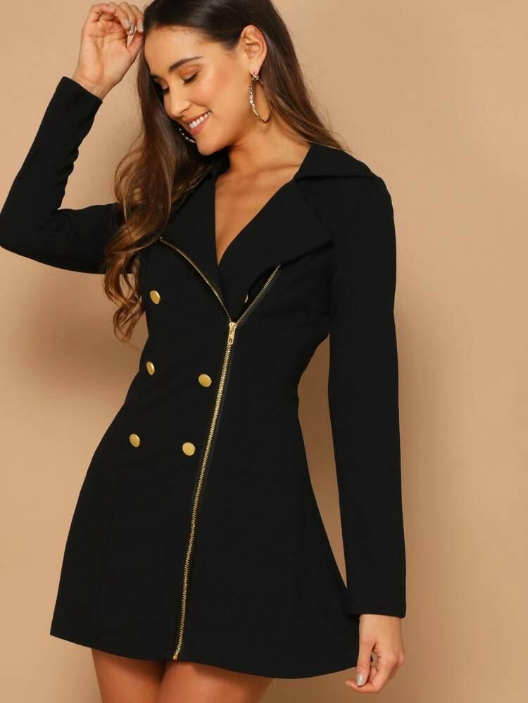 Double Breasted Asymmetrical Zip Up Dress freeshipping - Kendiee