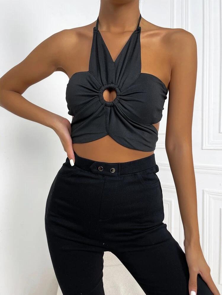 Ring Linked Ruched Tie Backless Halter Top freeshipping - Kendiee