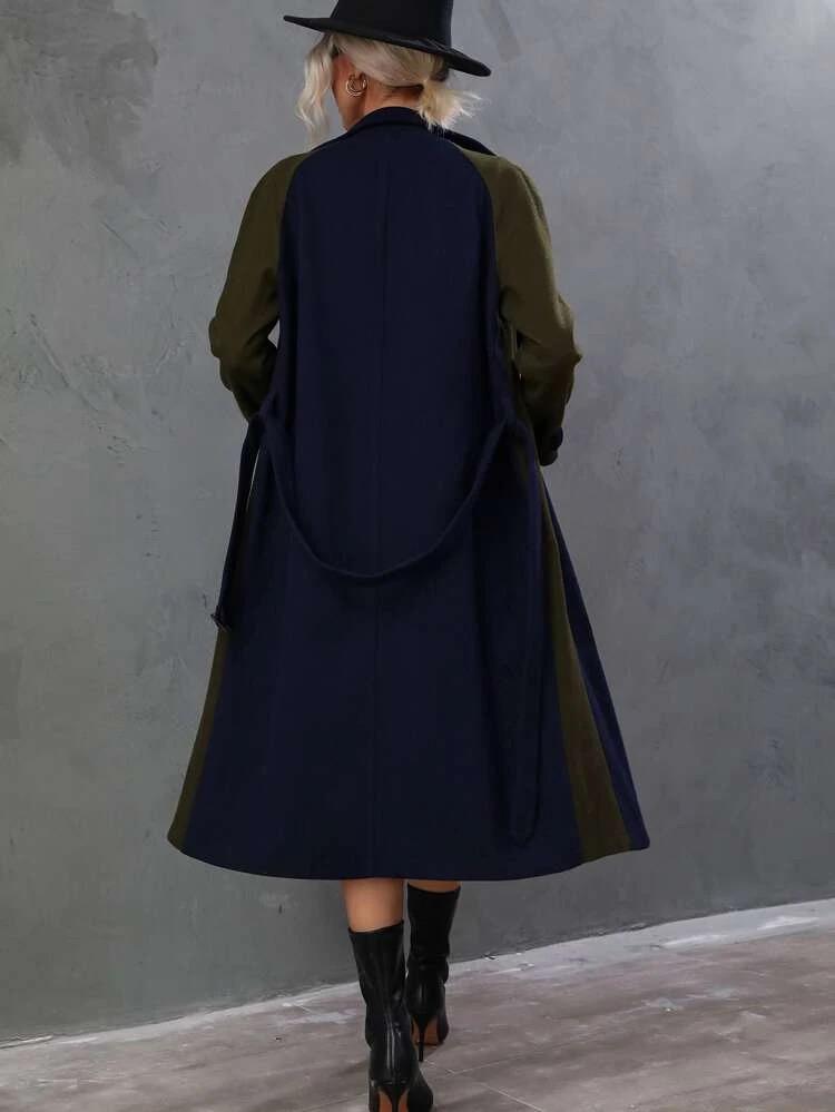 Two Tone Raglan Sleeve Double Breasted Belted Overcoat