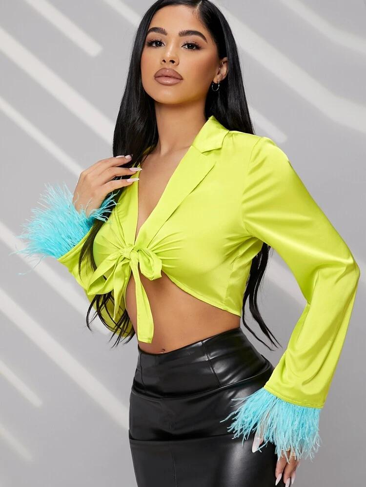 Neon Lime Tie Front Faux Feather Cuff Stain Top