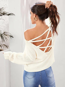 Solid Lace Up Backless Sweater freeshipping - Kendiee