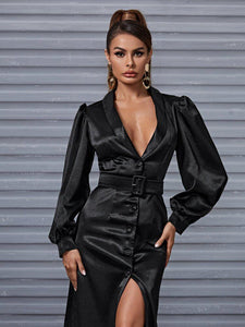 Shawl Collar Buttoned Belted Satin Dress freeshipping - Kendiee