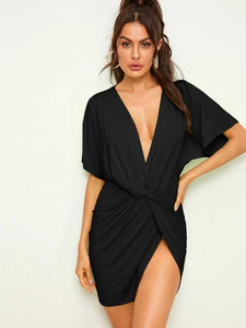 Twisted Plunging High Slit Mini Dress freeshipping - Kendiee