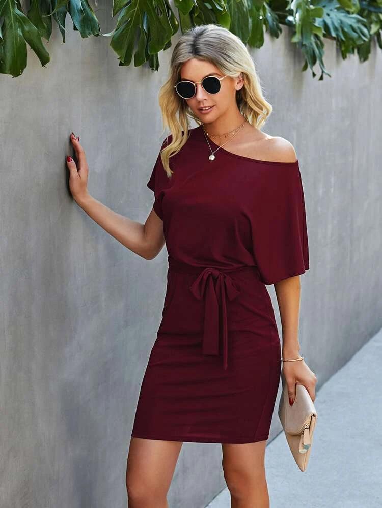 Solid Batwing Sleeve Belted Fitted Dress freeshipping - Kendiee