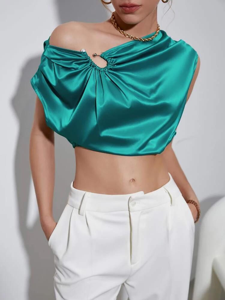 Asymmetrical Neck Ruched Satin Crop Top