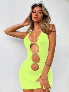 Neon Lime Chain Cutout Front Bodycon Dress