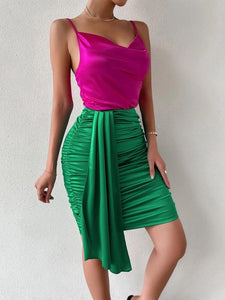 Two Tone Draped Ruched Side Satin Cami Dress