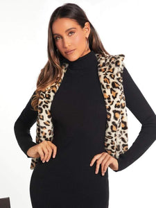 Leopard Pattern Lapel Neck Fuzzy Vest Coat