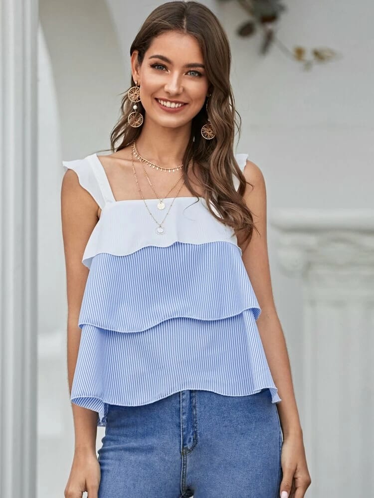 layered ruffle color block striped top freeshipping - Kendiee